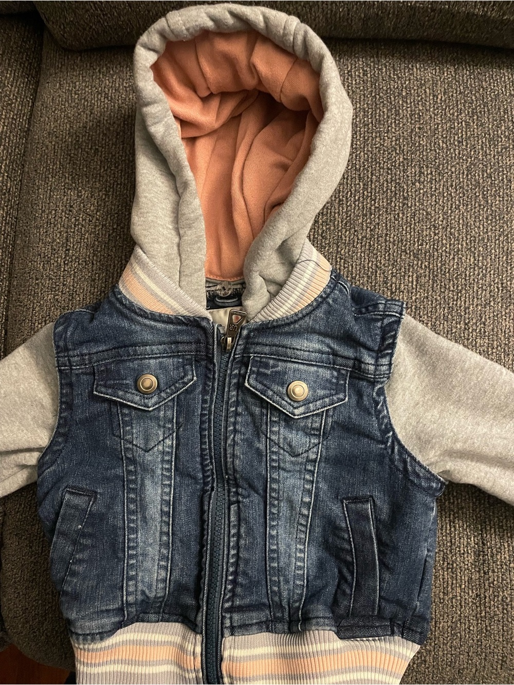 Urban Republic Kids Denim Jacket with Grey Sleeves and Coral Hood